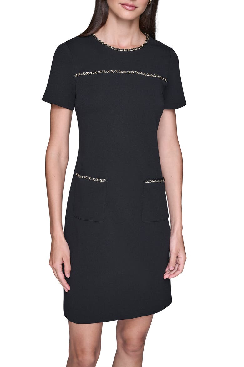 Chain Embellished Scuba Crepe Sheath Dress, Alternate, color, BLACK