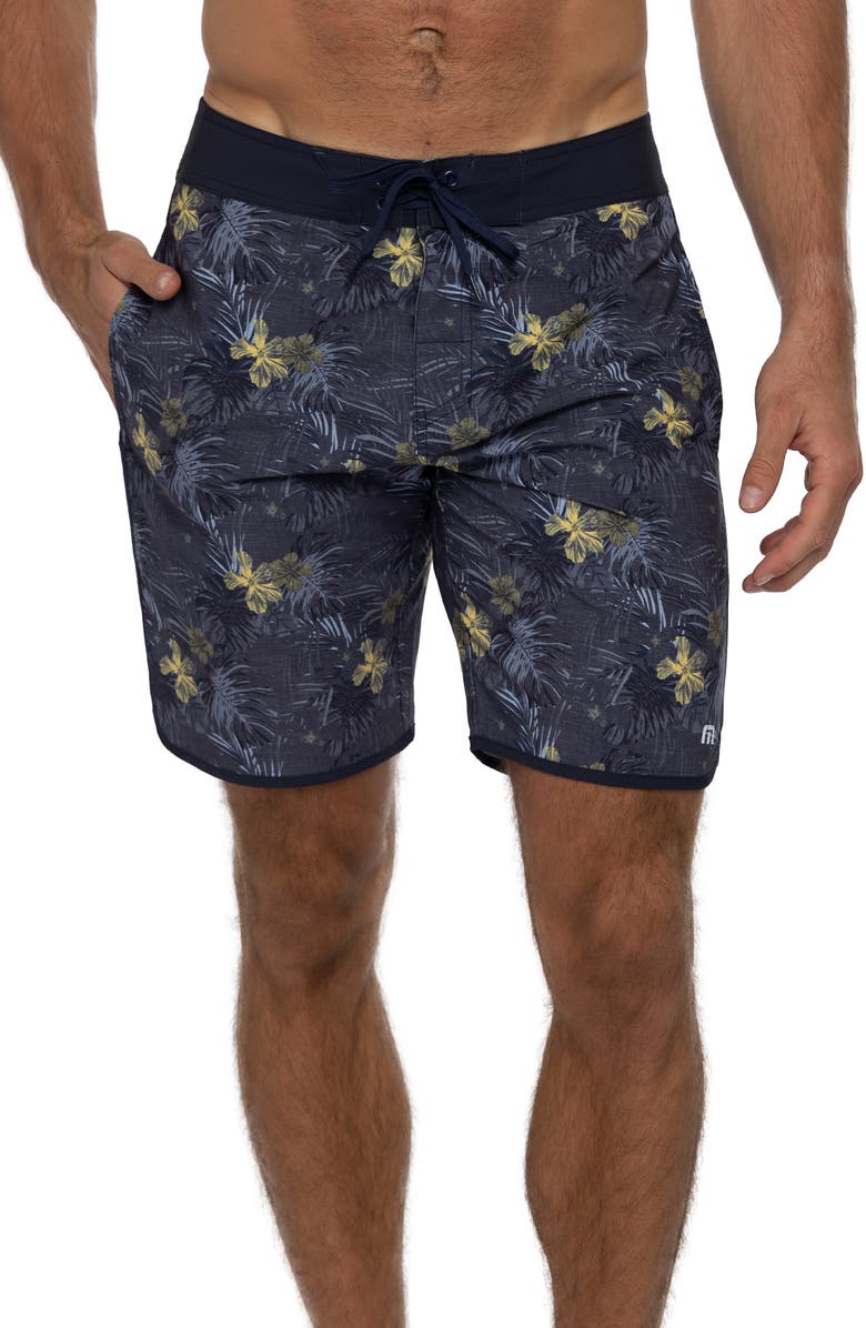 TravisMathew Becan Ruins Scallop Swim Trunks, Main, color, Heather Dress Blues