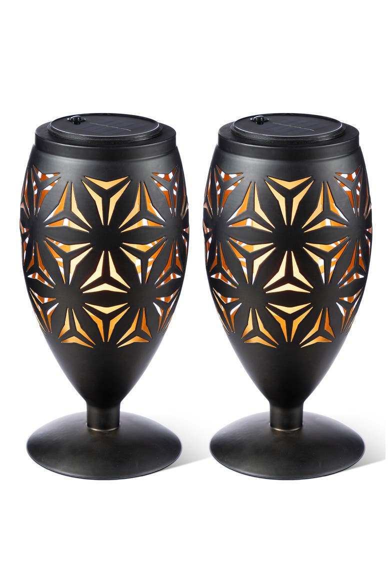 Set of 2 Metal Cutout Geometric Pattern Solar Powered Outdoor Lantern with LED Light, Main, color, Black