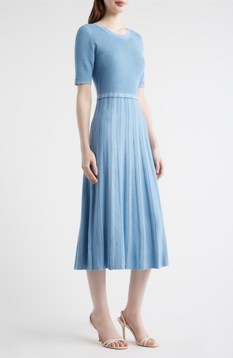 Elie Tahari The Vesper Mixed Stitch Midi Sweater Dress, Alternate, color, Fountain Blue