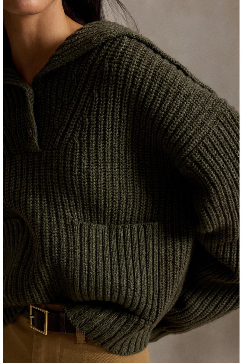 Chunky Half Placket Wool & Cotton Blend Sweater, Alternate, color, OLIVE HEATHER