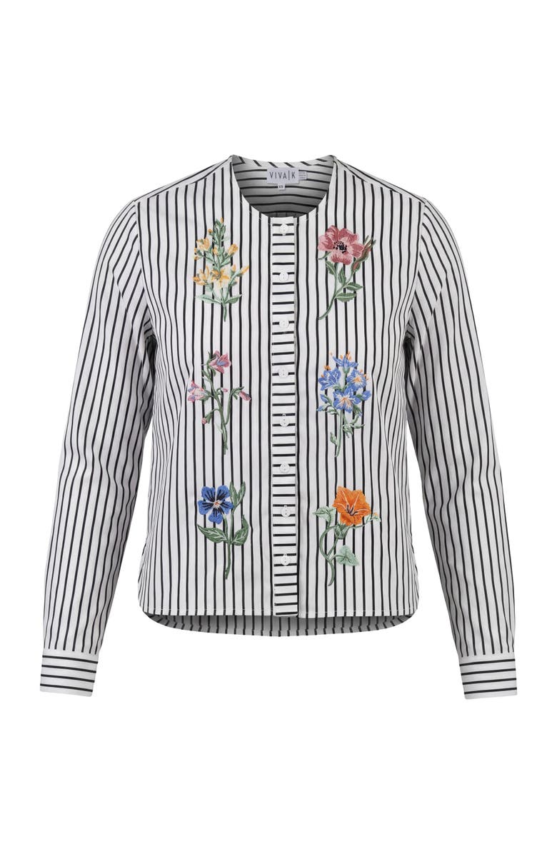 Viva K Embroidered Stripe Floral Detail Button Front Blouse, Main, color, Black Stripe