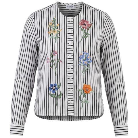 Embroidered Stripe Floral Detail Button Front Blouse