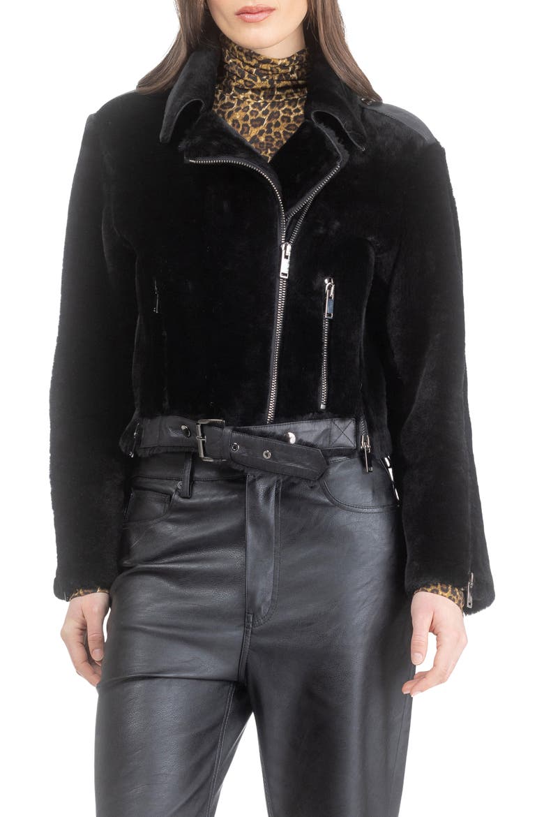 Genuine Shearling And Leather Moto Jacket, Main, color, BLACK