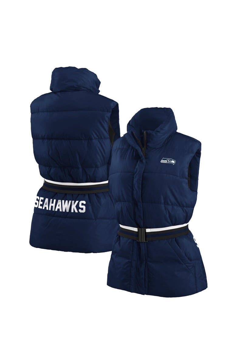 WEAR by Erin Andrews Women's WEAR by Erin Andrews College Navy Seattle Seahawks Full-Zip Puffer Vest with Belt, Main, color, Navy