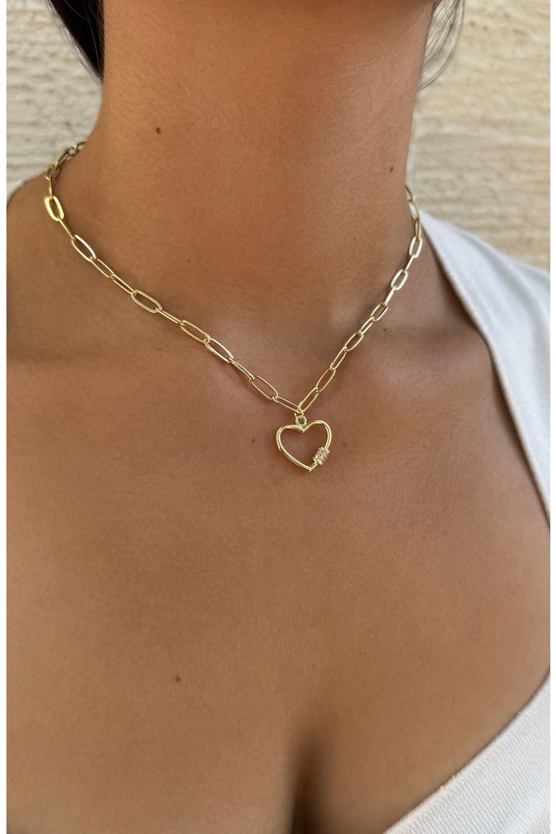 Cubic Zirconia Carabiner Heart Pendant Necklace, Alternate, color, GOLD