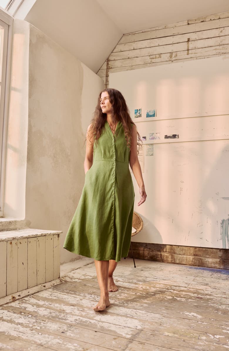 Seasalt Cornwall Carved Wood Sleeveless Linen Midi Dress, Alternate, color, Dark Citron