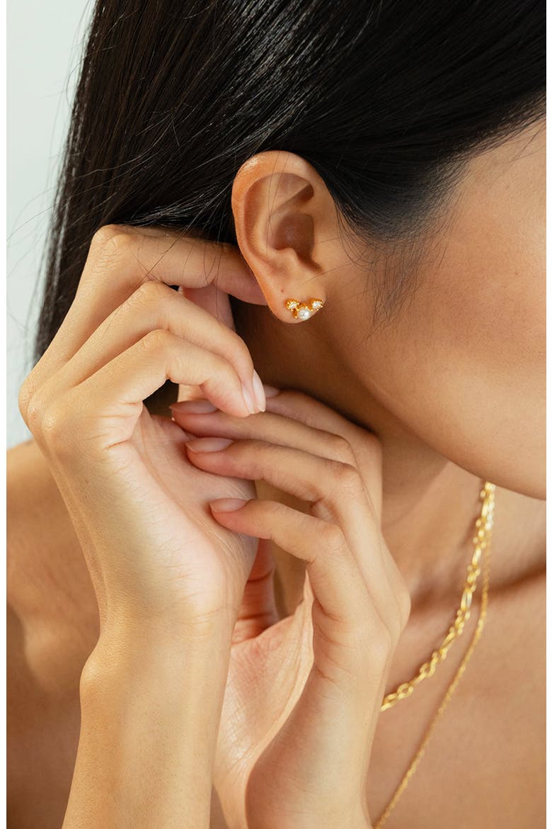 Sterling Silver 18k Gold Plated Dawn Pearl Stud Earrings Trendy Minimal, Alternate, color, Gold