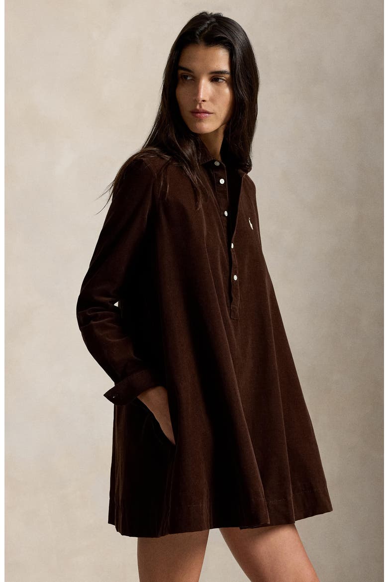 Pleated Cotton Corduroy Shirtdress, Alternate, color, BROWN