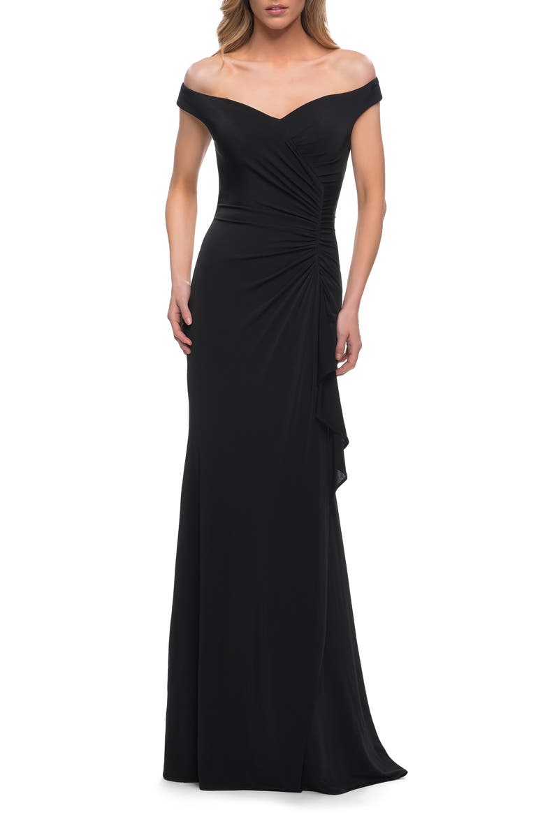 Off the Shoulder Ruched Jersey Gown, Main, color, BLACK