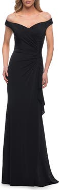 La Femme Off the Shoulder Ruched Jersey Gown