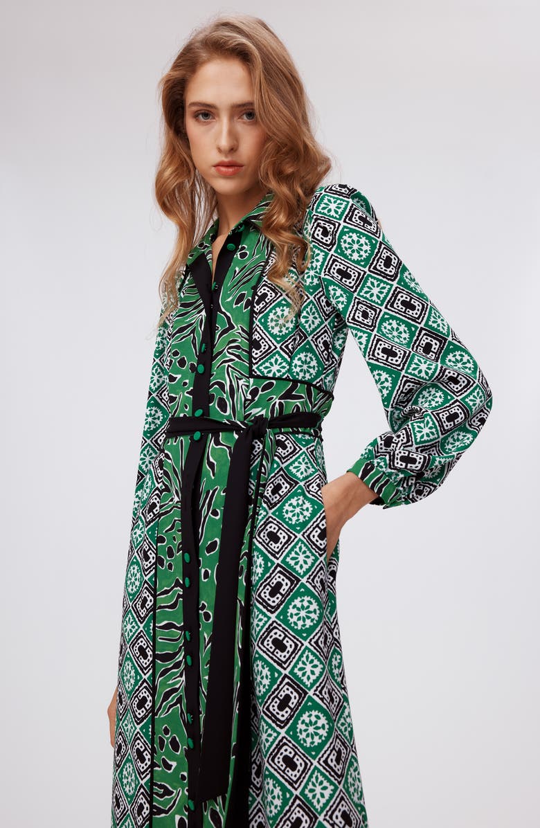 DVF Joshua Long Sleeve Maxi Shirtdress, Alternate, color, Paper Cut Geo/Wtr Tyg Gn Lg