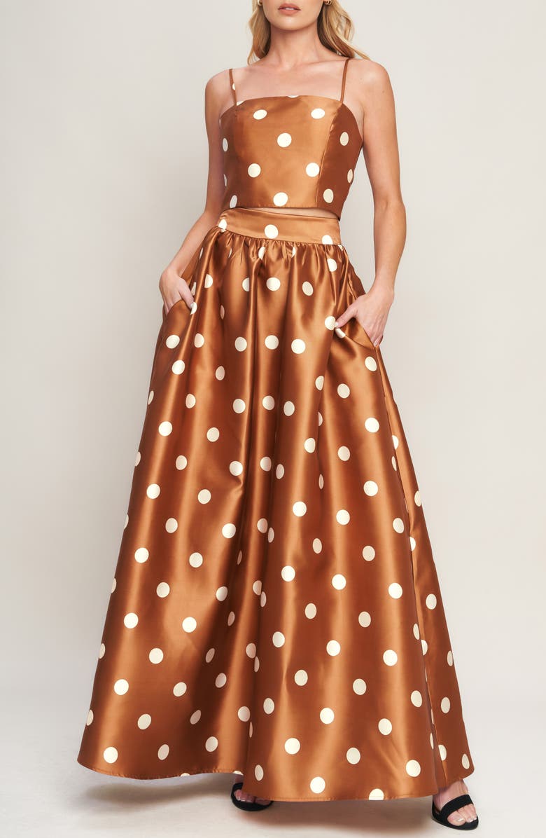 FLYING TOMATO Polka Dot Satin Maxi Skirt, Alternate, color, Caramel