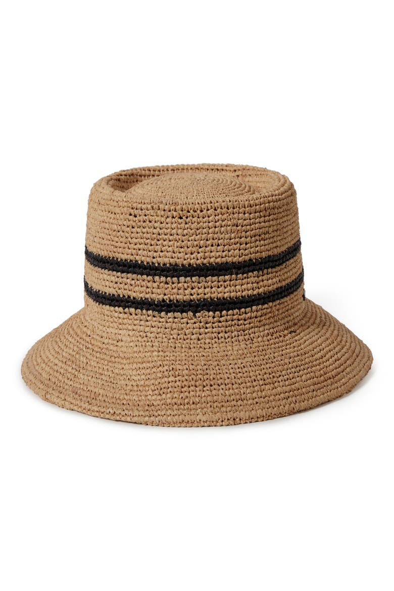 Ellee Straw Packable Bucket Hat, Alternate, color, TAN/ BLACK