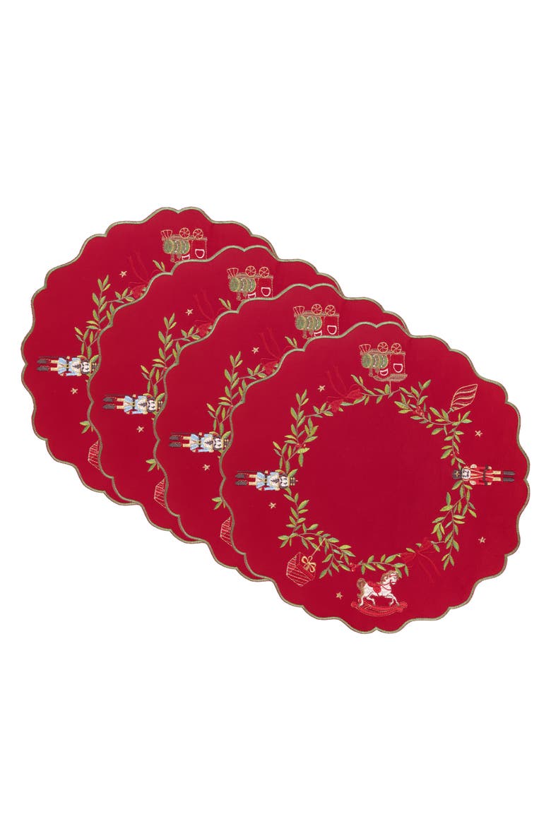 Keepsake Ornaments Velvet Embroidered Round Placemats, Set of 4, Red - 15"W x 15"L, Main, color, Red