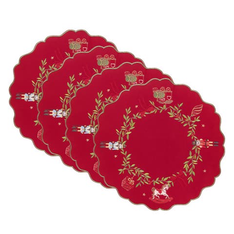 Keepsake Ornaments Velvet Embroidered Round Placemats, Set of 4, Red - 15"W x 15"L