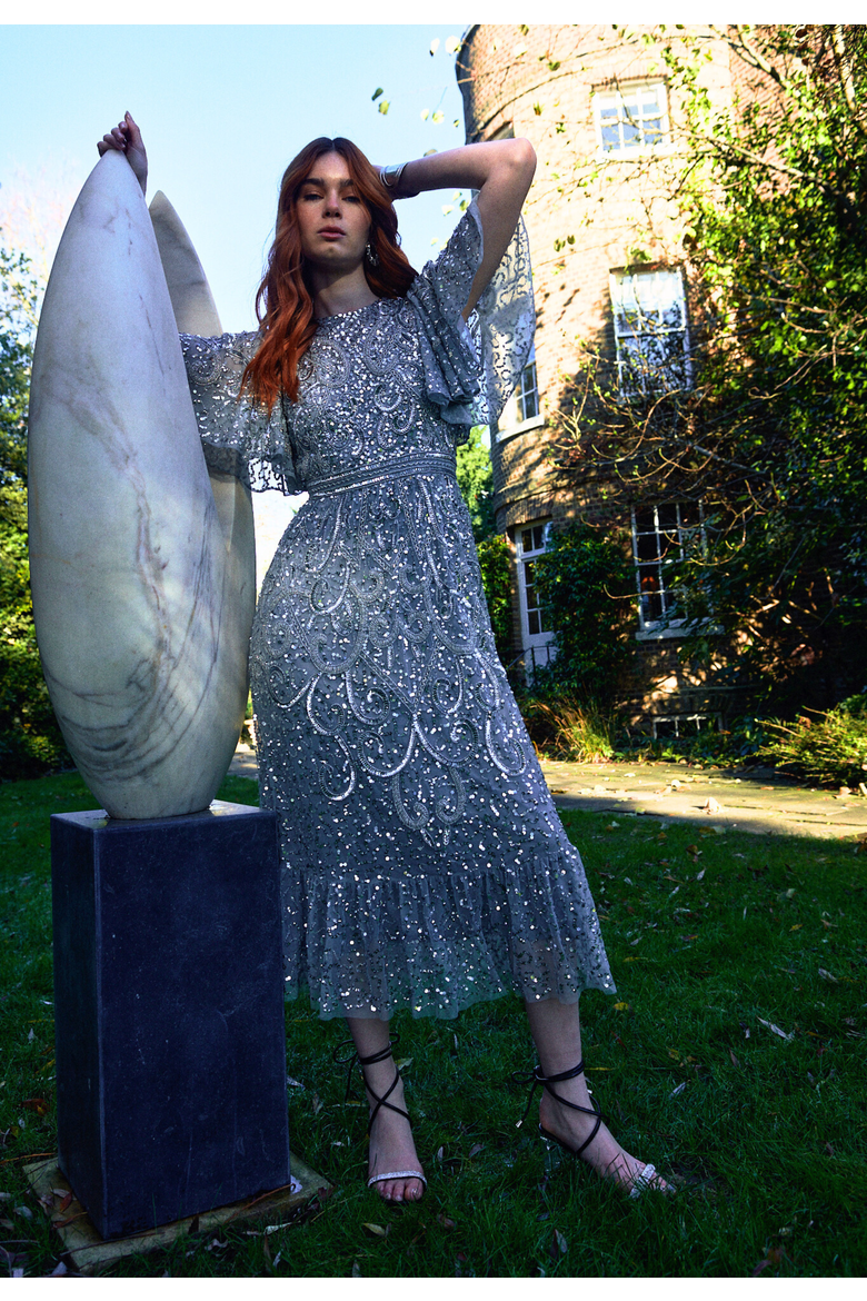 Embellished Sequin Beaded Midi Dress, Alternate, color, LIGHT GREY