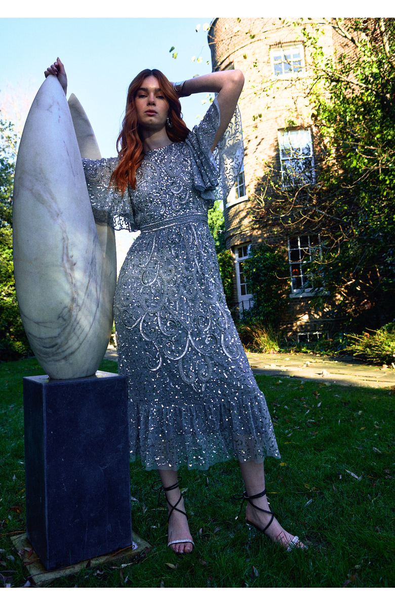 BEAUUT Embellished Sequin Beaded Midi Dress, Alternate, color, Light Grey