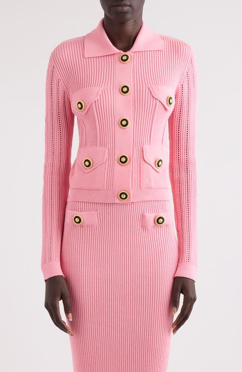 Balmain Buttoned Pointelle Rib Knit Crop Cardigan In Pink