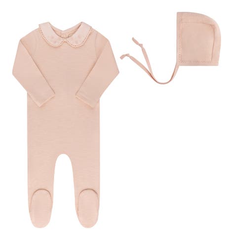 Ribbed Embroidered Collar Collection - Footie + Bonnet