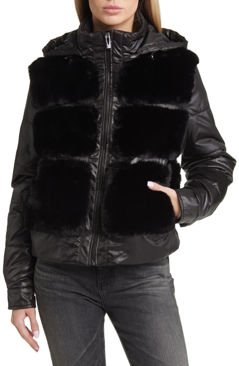 Via Spiga Faux Fur Mixed Media Puffer Jacket, Alternate, color, 