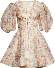 Zimmermann High Tide Lace-Up Puff Sleeve Linen & Silk Babydoll Minidress