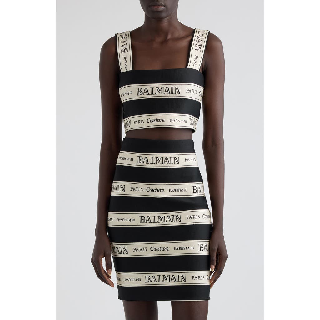 Shop Balmain Logo Stripe Jacquard Crop Top In Edy Black/beige