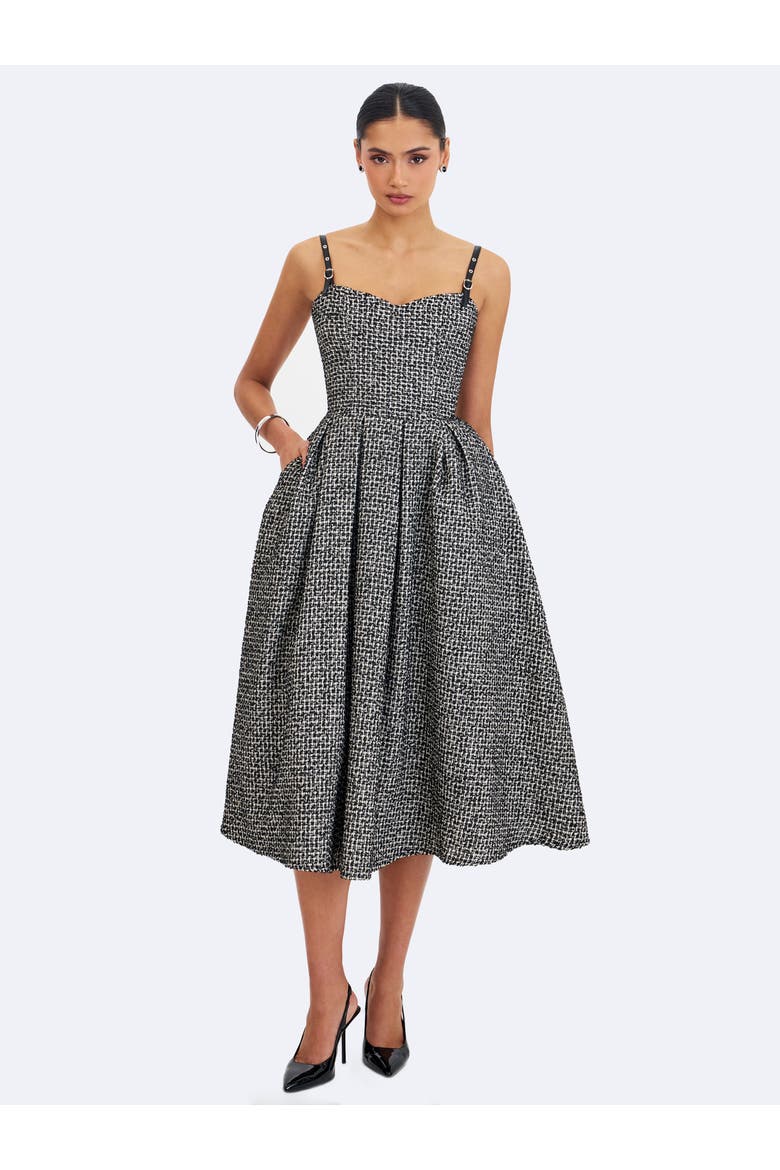 Katalina Tweed Backless Midi Dress, Main, color, Black and white