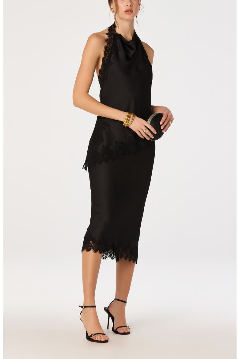 Amira Lace Trim Cowl Neck Satin Top, Alternate, color, BLACK