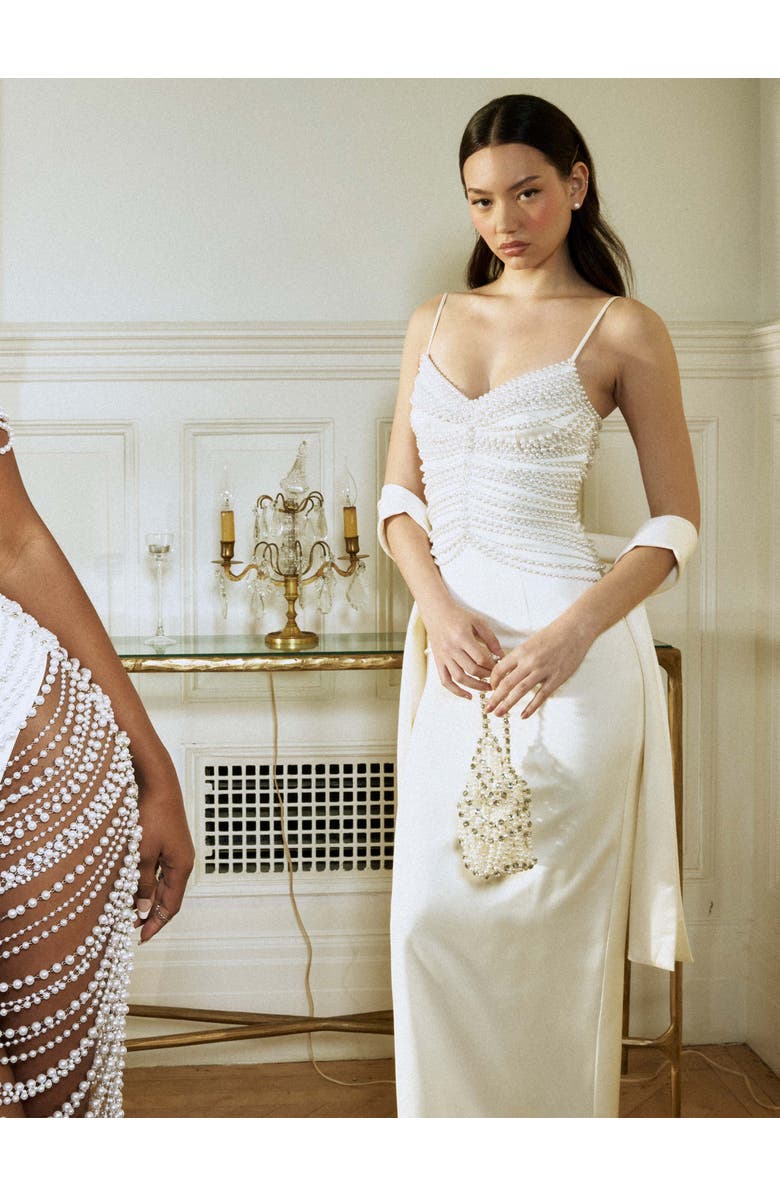 Miss Circle Karmen Top Pencil Slip Gown with Scarf, Alternate, color, Off White