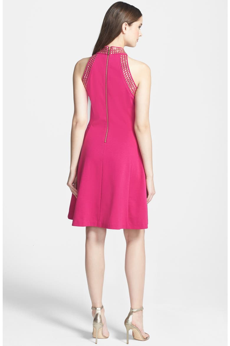 Studded Fit & Flare Ponte Dress, Alternate, color, DEEP FUCHSIA
