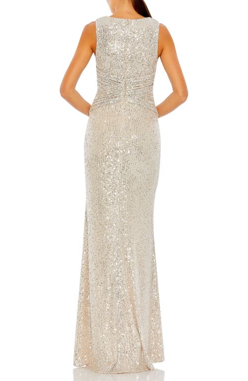 Mac Duggal V-neck Sequin Wrap Waist Gown In Nude