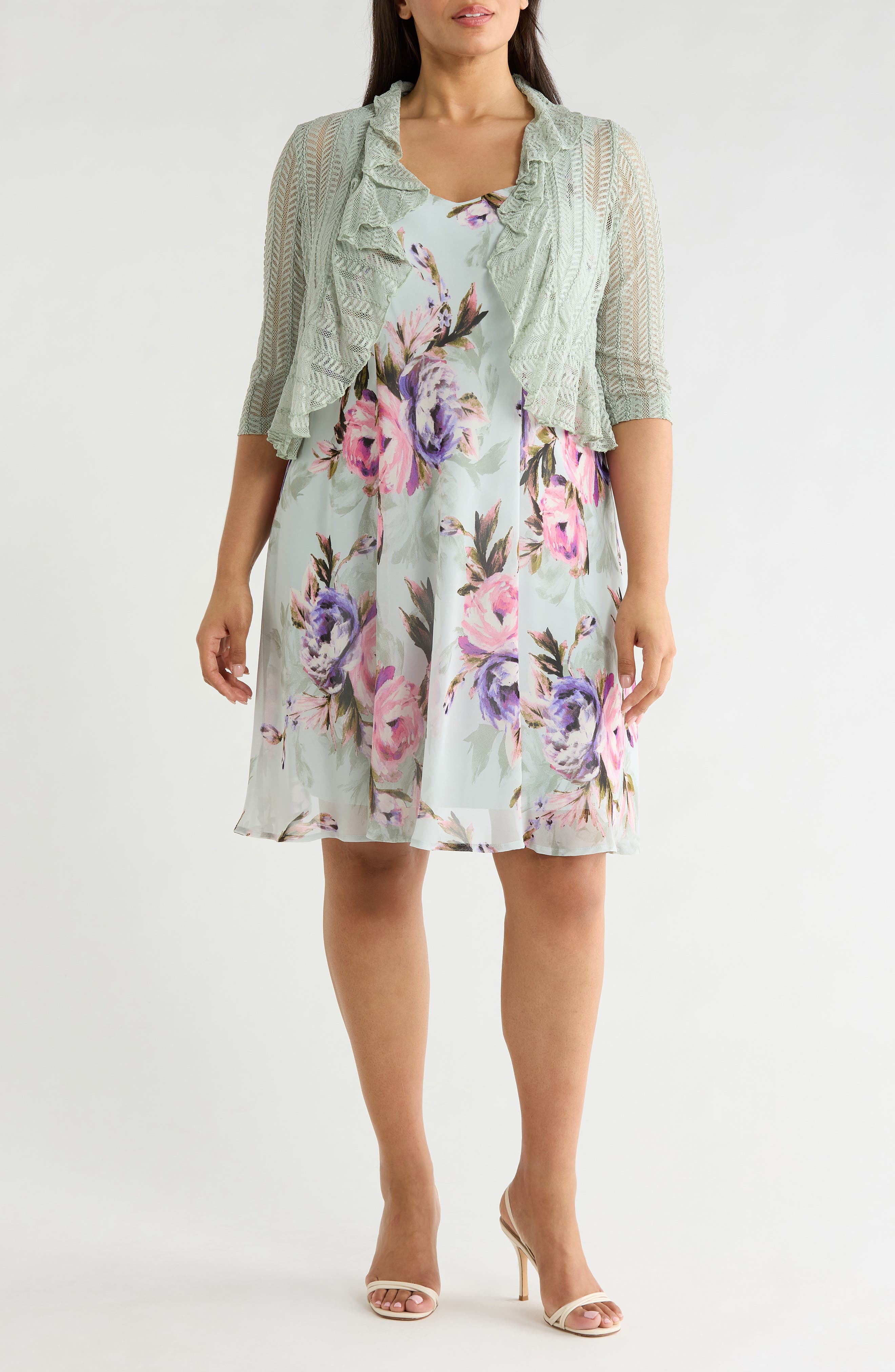 Connected Apparel Floral Chiffon Dress & Lace Shrug Set