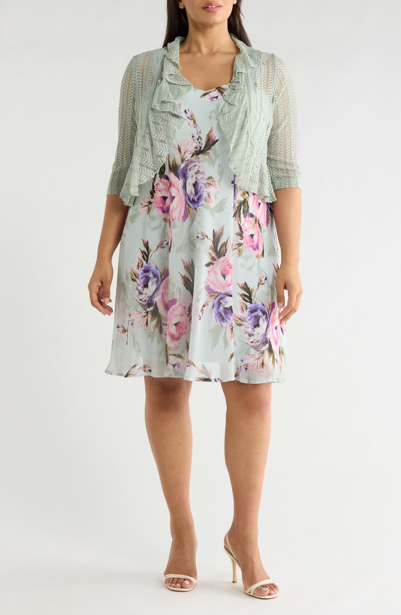 Connected Apparel Floral Chiffon Dress & Lace Shrug Set, Main, color, Sage