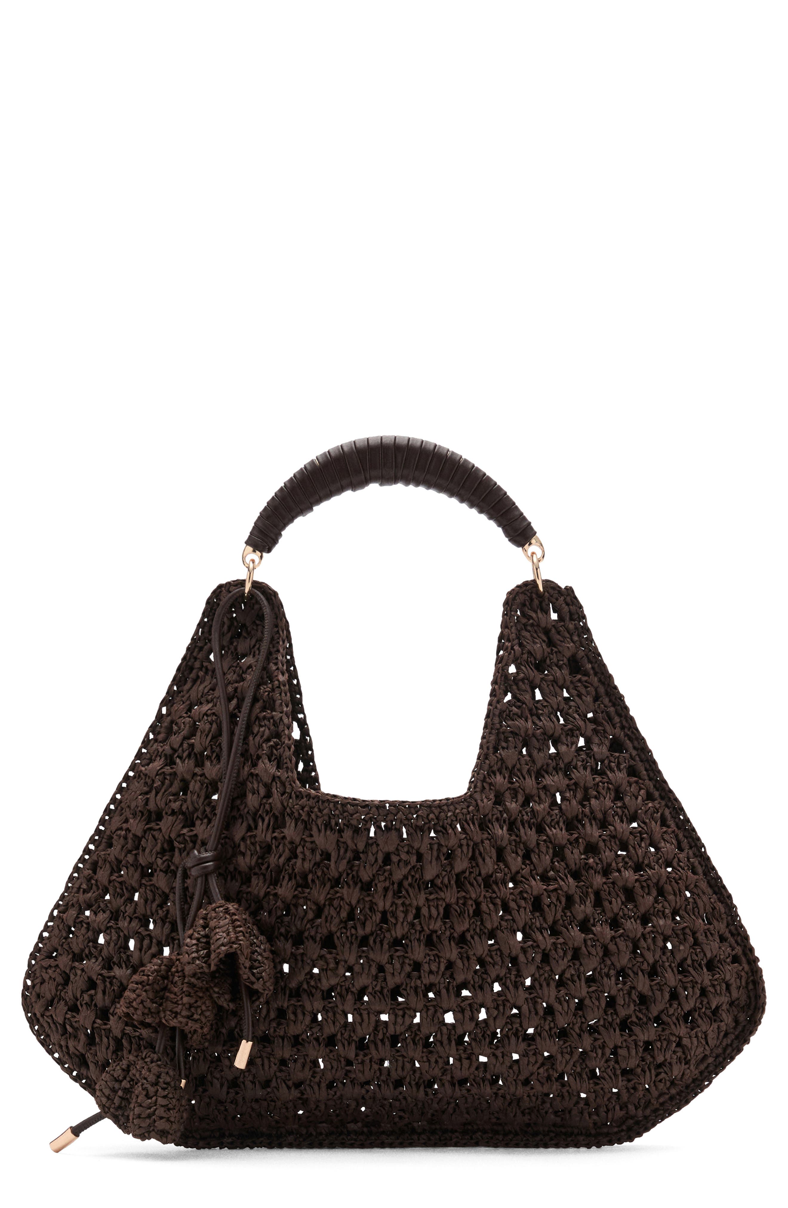 MANGO Flower Charm Knit Straw Tote, Main, color, Chocolate
