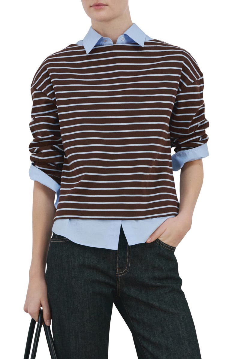 MANGO Stripe Boatneck Sweatshirt, Main, color, Chocolate