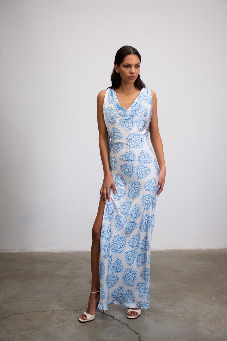 Bleu Ceramic Print Maxi Dress With Open Back, Alternate, color, Blue