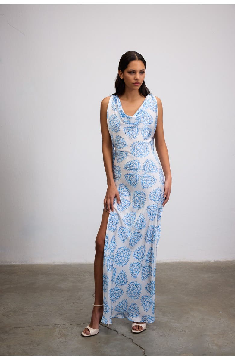 Je Te Veux Bleu Ceramic Print Maxi Dress With Open Back, Alternate, color, Blue