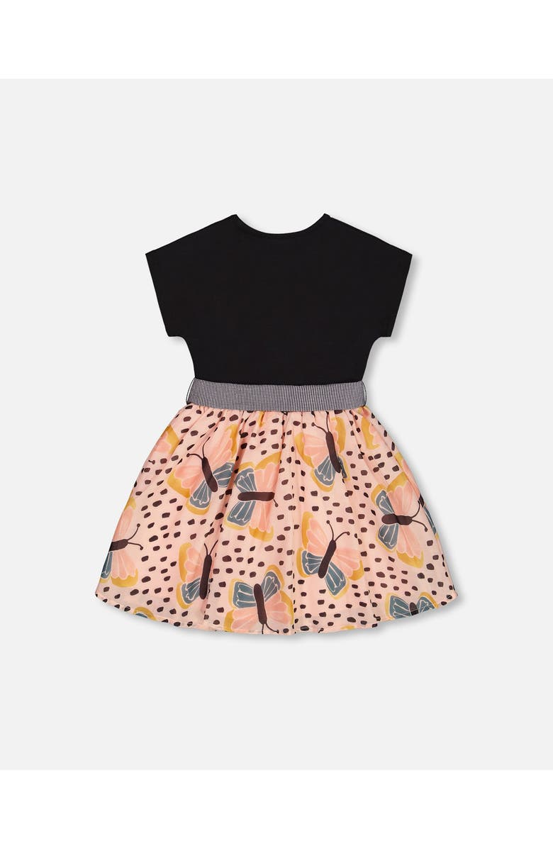 Deux par Deux Little Girl's Bi-Material Dress With Printed Skirt Black, Pink, And Butterflies, Alternate, color, 