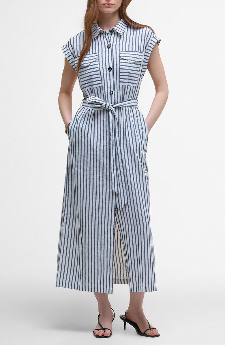 Barbour Abby Stripe Belted Cotton & Linen Shirtdress, Main, color, Navy White Stripe