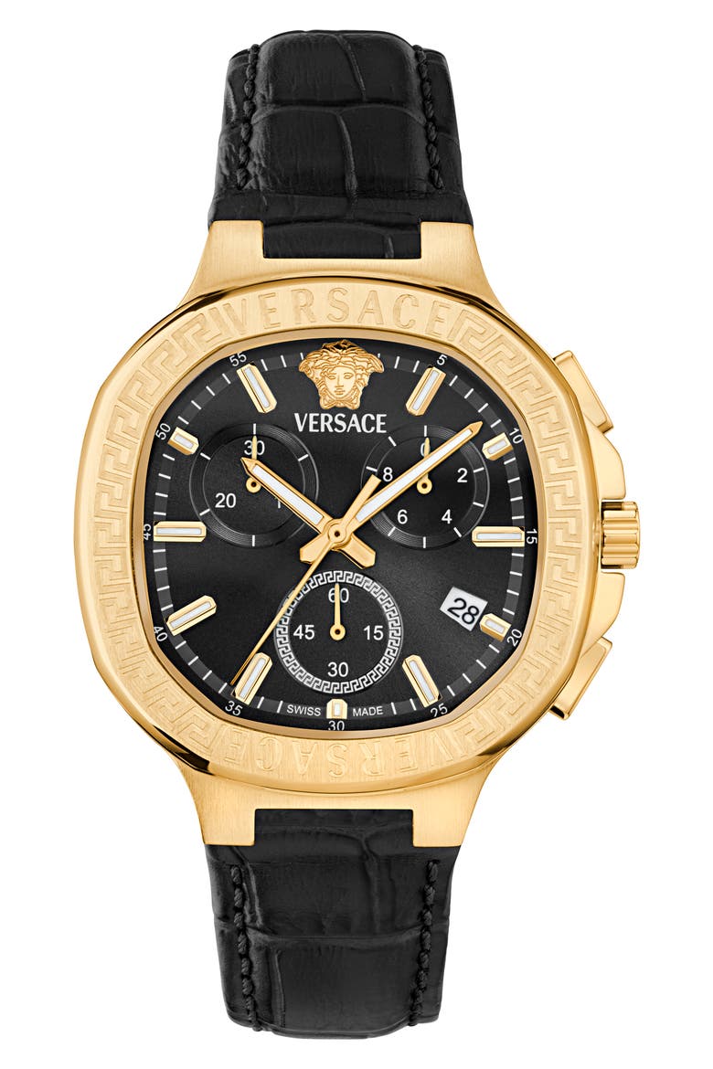 V-Chrono Square Swiss Quartz Croc Embossed Leather Strap Watch, 40mm, Main, color, IP YELLOW GOLD