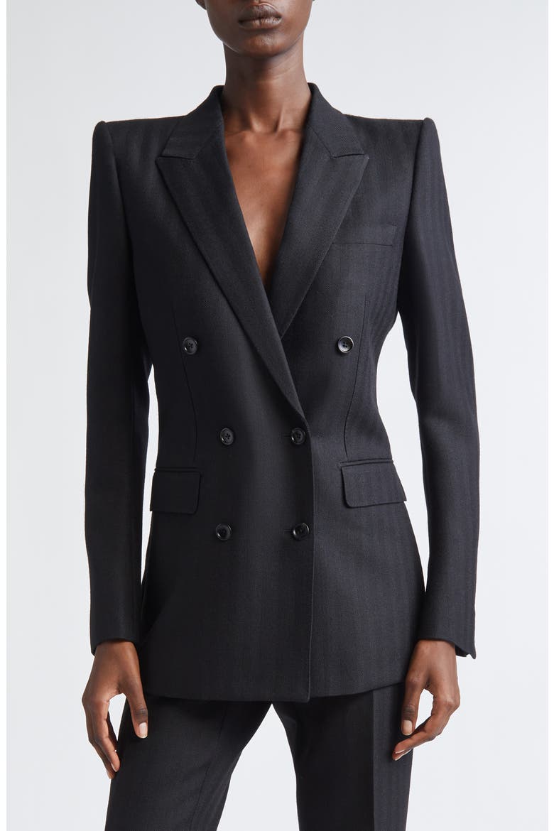Sharp Herringbone Double Breasted Virgin Wool Jacket, Main, color, LB999 BLACK