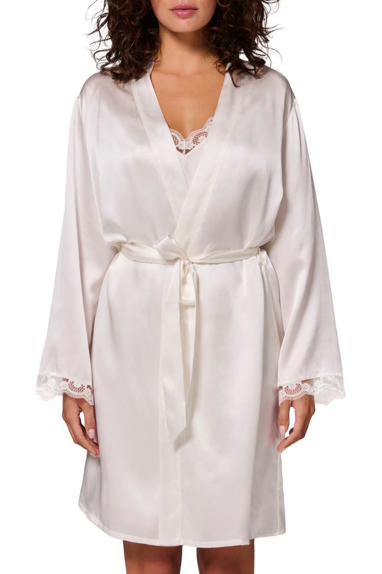 Love Me Lace Trim Silk Blend Robe, Main, color, IVORY
