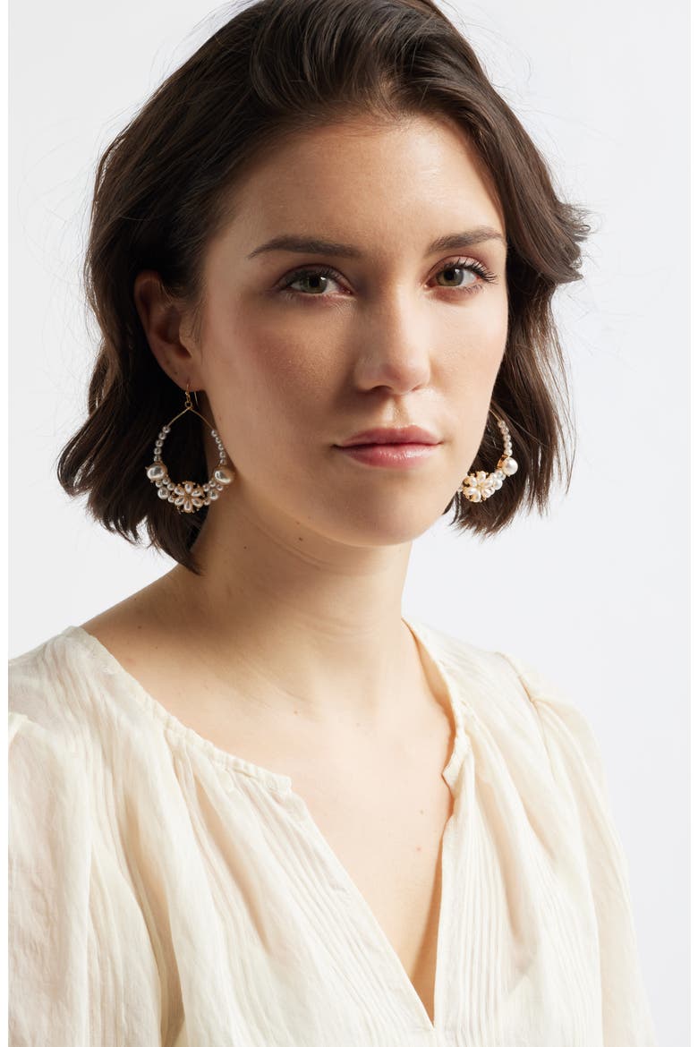Floral Faux Pearl Teardrop Hoop Earrings, Alternate, color, WHITE- GOLD