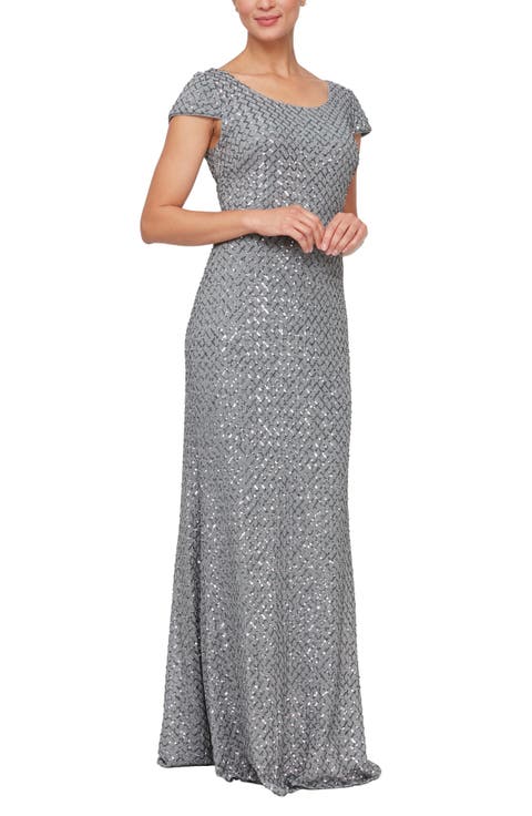 Sequin Scoop Neck Cap Sleeve Gown