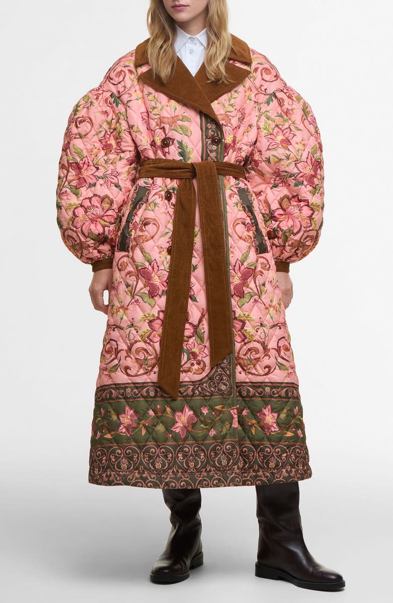 Barbour x FARM Rio Cami Quilted Coat, Main, color, Tropical / Beige Heart Print