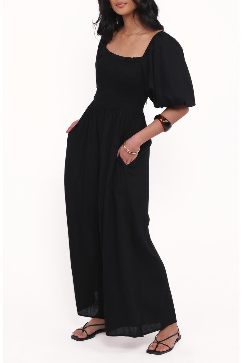 Ebony Smocked Puff Sleeve Wide Leg Jumpsuit, Alternate, color, BLACK