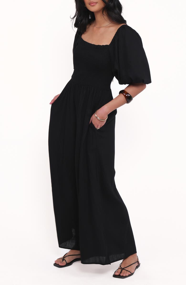 Petal & Pup Ebony Smocked Puff Sleeve Wide Leg Jumpsuit, Alternate, color, Black