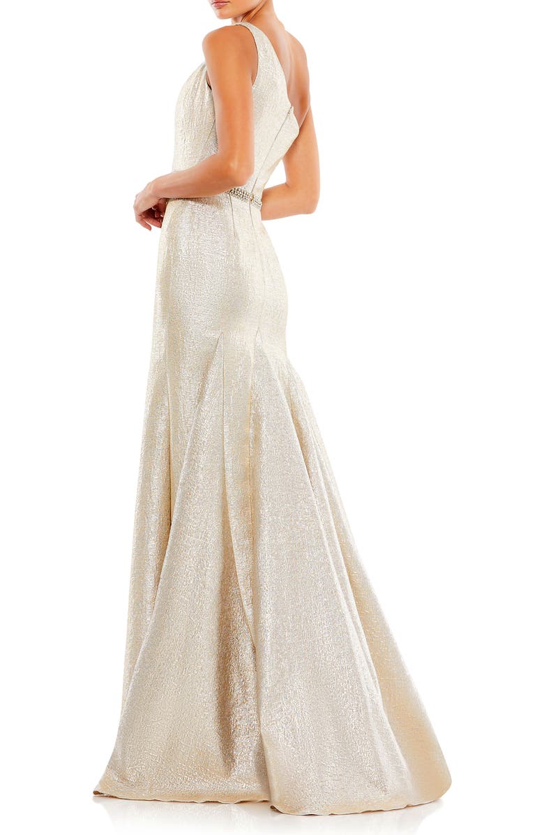 Mac Duggal One Shoulder Metallic Ruffled Evening Gown, Alternate, color, Oyster