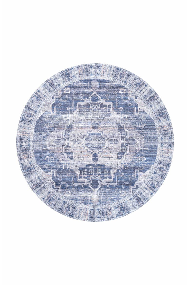 Alanya Ornate Medallion Machine-Washable Round Area Rug, Main, color, Navy/Cream